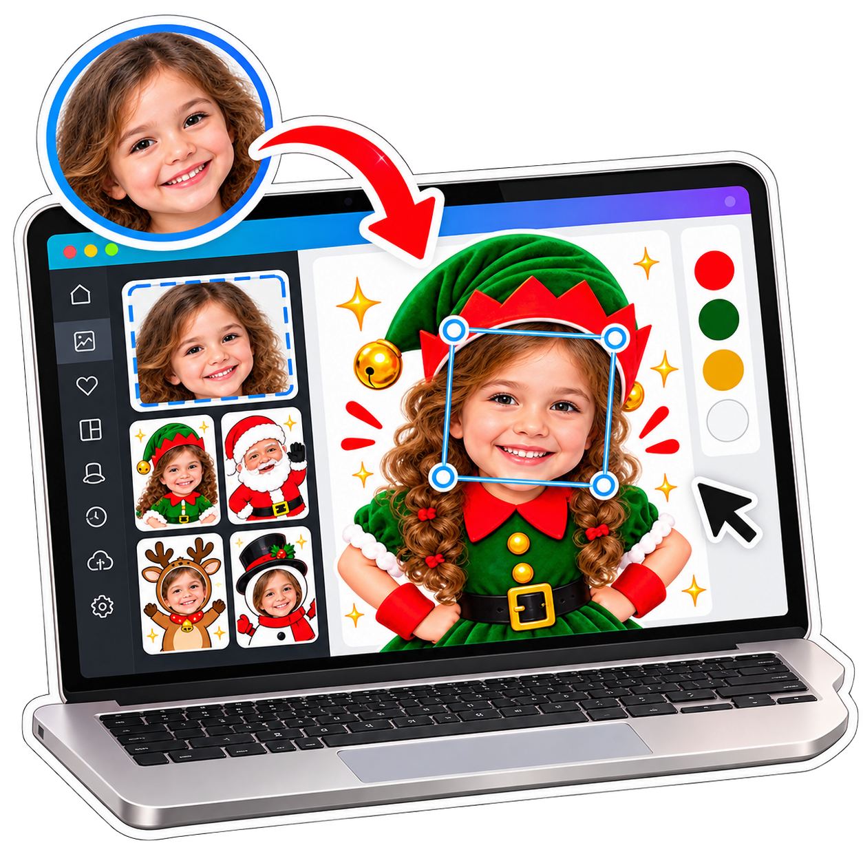 Interface do Canva mostrando a edição de personagens natalinos com passos: adicione foto, ajuste, baixe e imprima