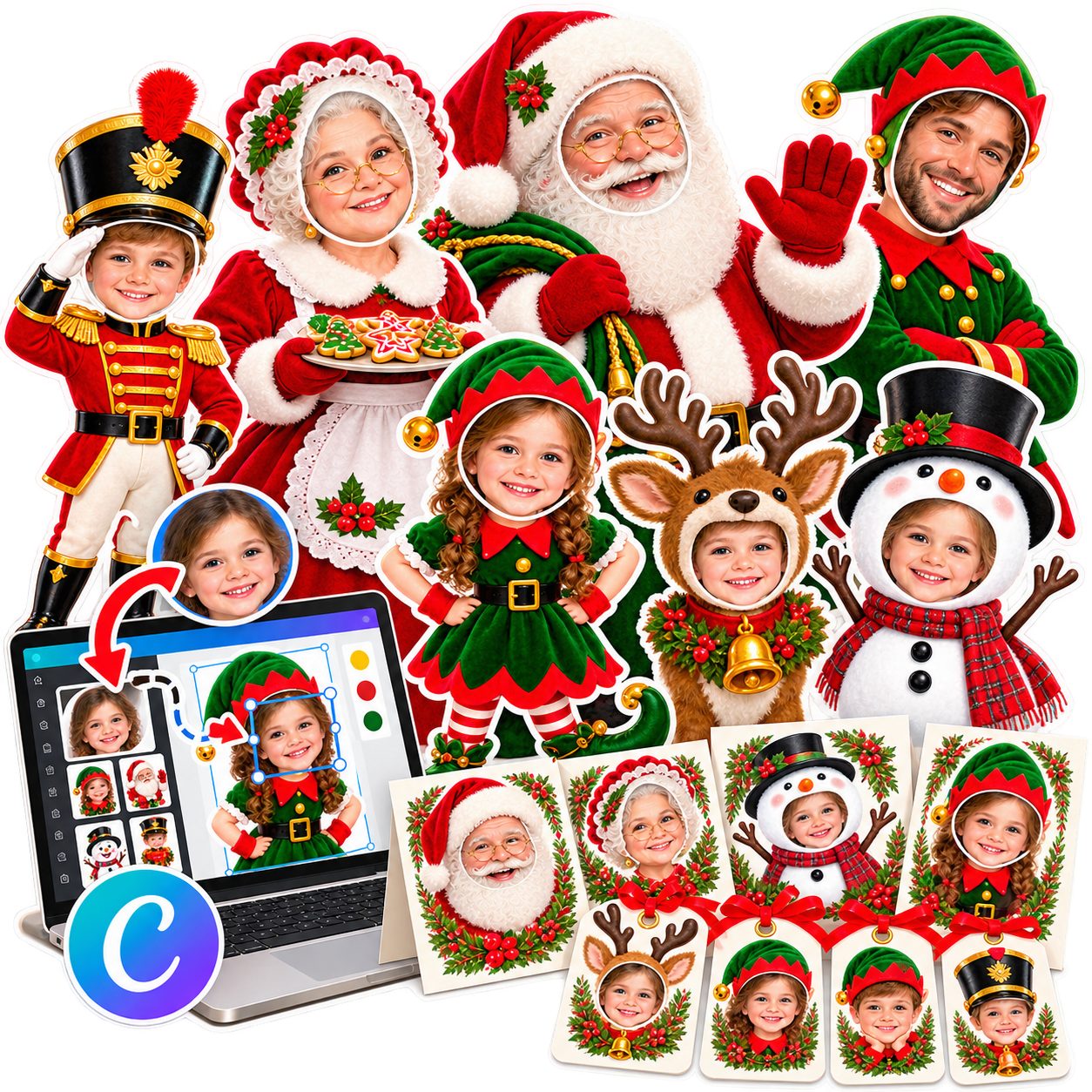 Vários personagens natalinos com rostos felizes encaixados em corpos ilustrados de elfos e Papai Noel